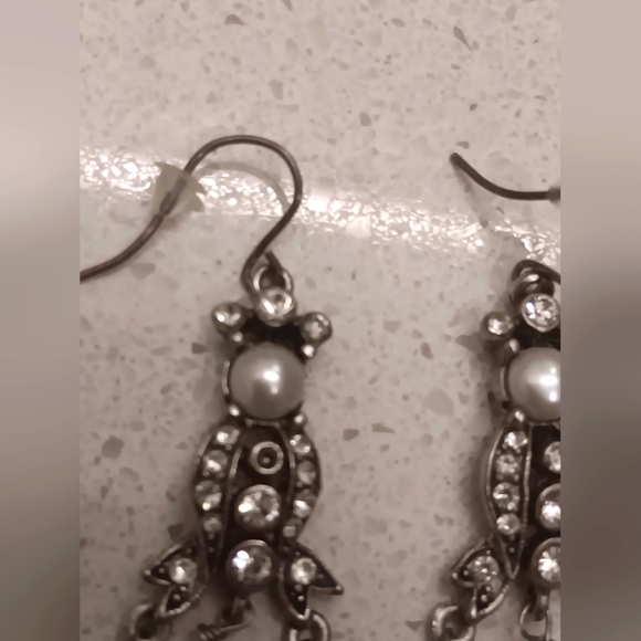 Crystal Faux Pearl Dangle Silvertone Earrings - Picture 3 of 4